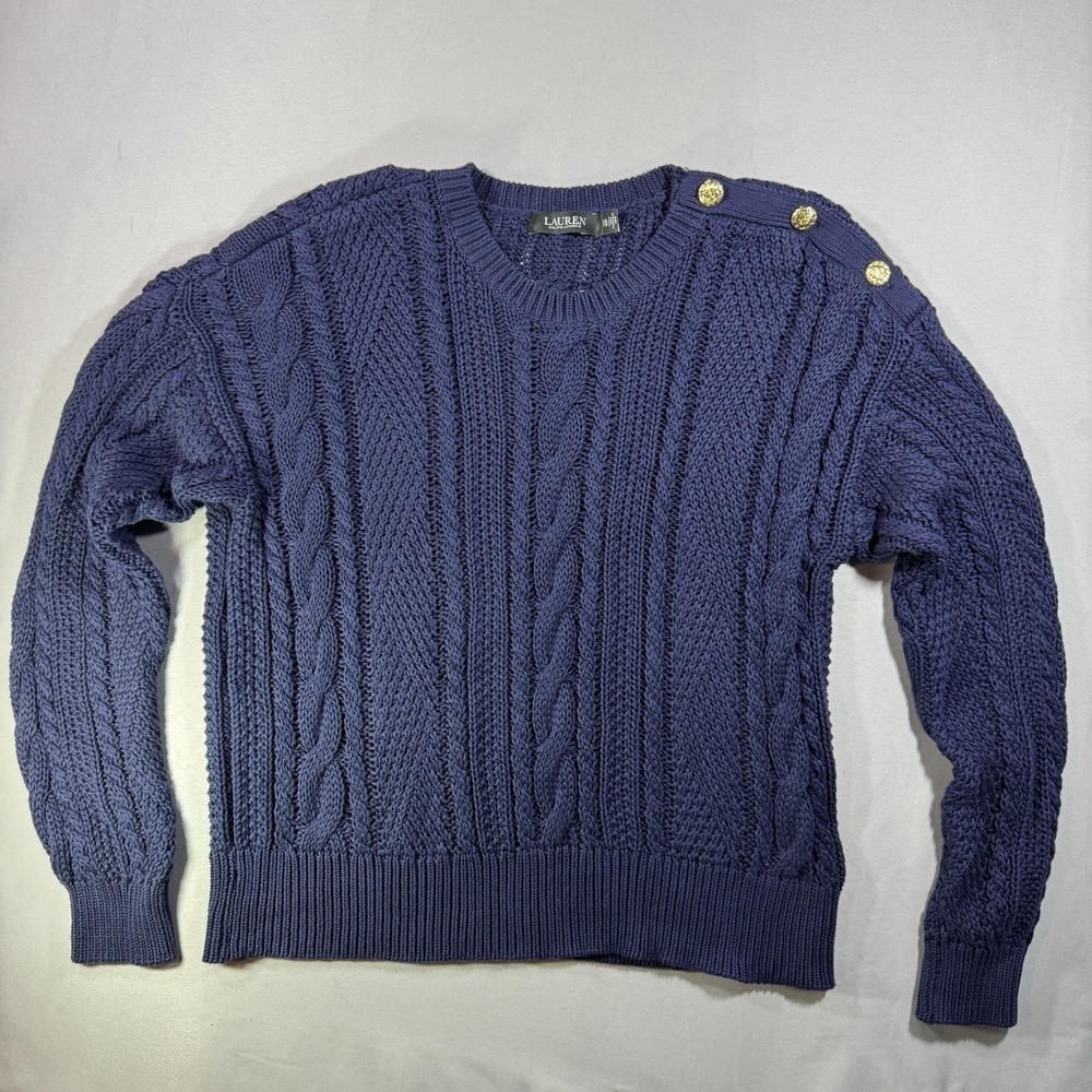 Lauren Ralph Lauren Navy Blue Cable Knit Cotton Sweater Gold Buttons Womens XXL